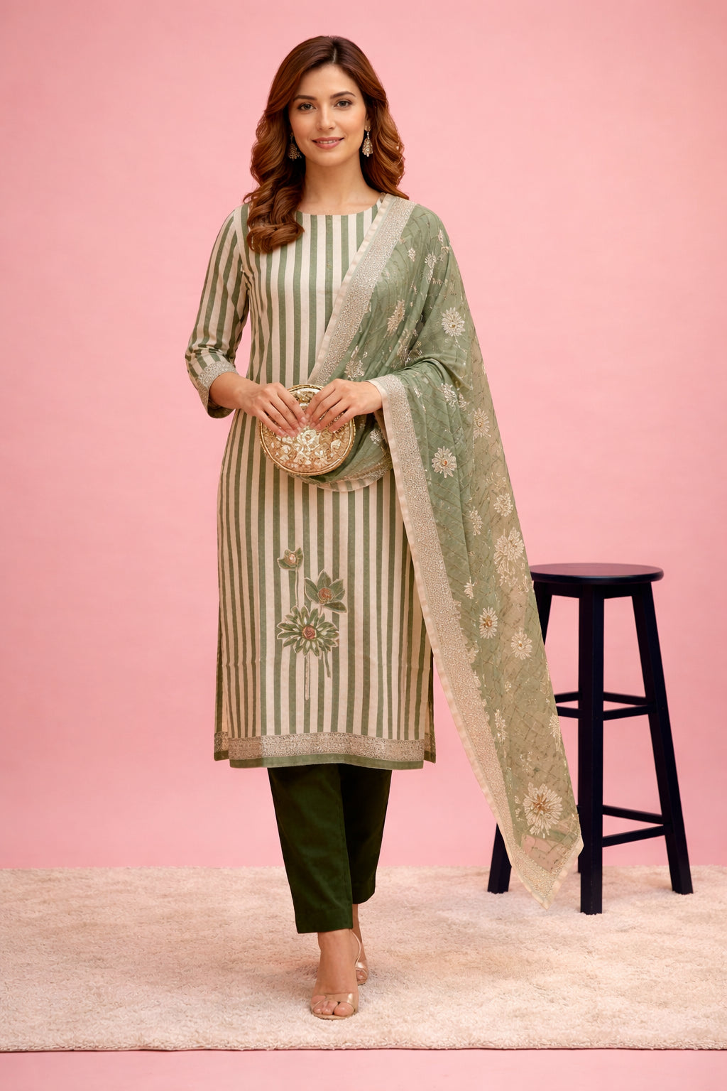 Green Striped Floral Printed Rayon Kurta Set With Dupatta