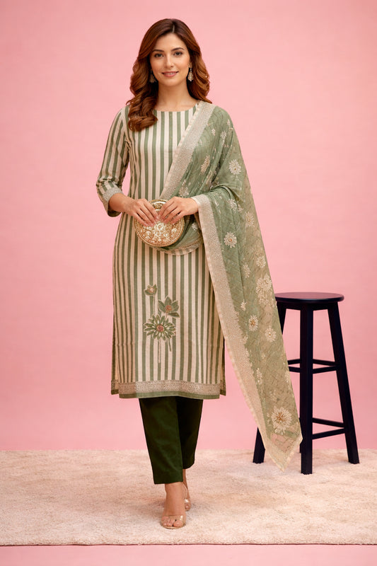 Green Striped Floral Printed Rayon Kurta Set With Dupatta