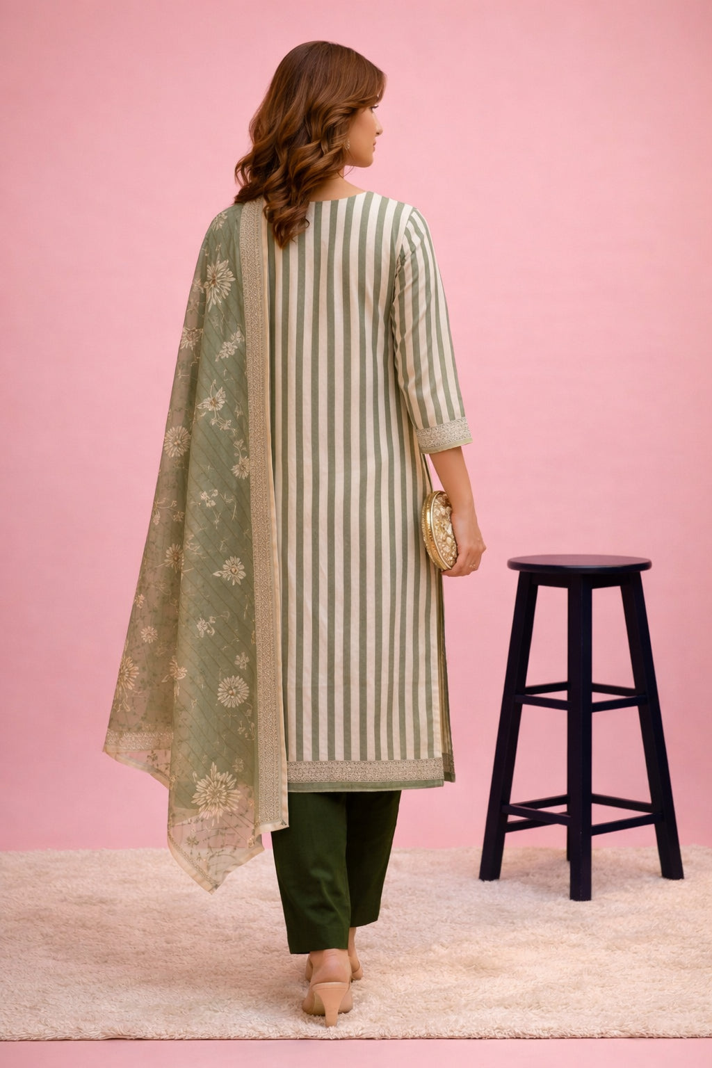 Green Striped Floral Printed Rayon Kurta Set With Dupatta