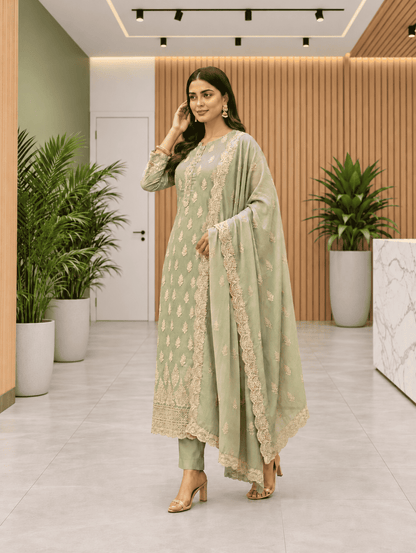 Semi-Stitched Sea-Green Soft Georgette Suit With Ivory Sequin Tree Motifs