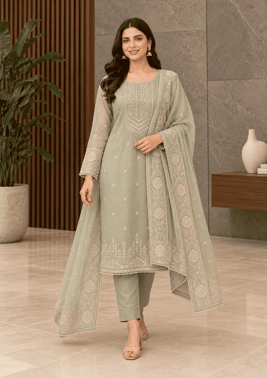 Muted Grey Semi-Stitched Organza With Floral Embroidery Suit Set With Dupatta