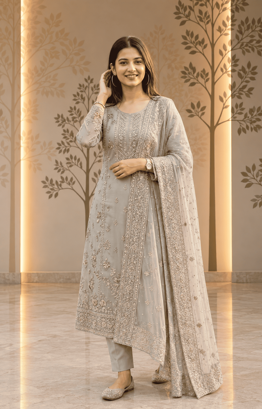 Semi Stitched Soft Chiffon Light Green With Sequin Embroidery Suit Material