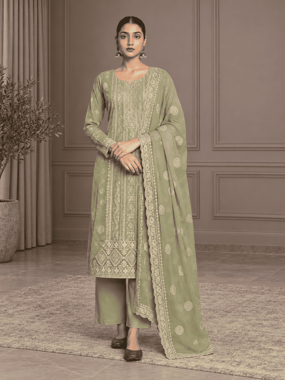 Unstitched Pastel Pistachio Green Chiffon Suit With Intricate Ivory Threadwork And Subtle Sequin Sparkle