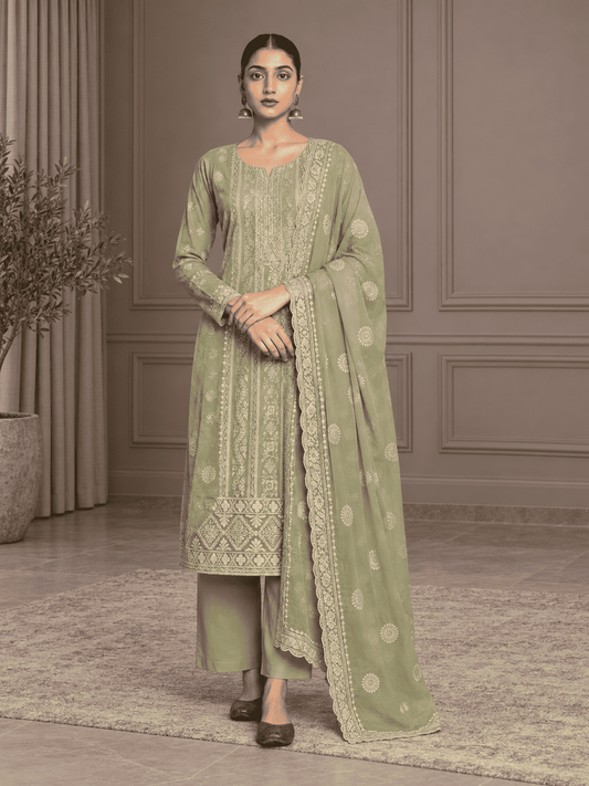 Unstitched Pastel Pistachio Green Chiffon Suit With Intricate Ivory Threadwork And Subtle Sequin Sparkle