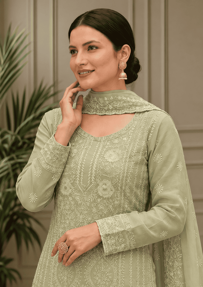 Semi-Stitched Soft Pastel Mint Green Organza Suit With Intricate White Thread And Golden Sequin Embroidery