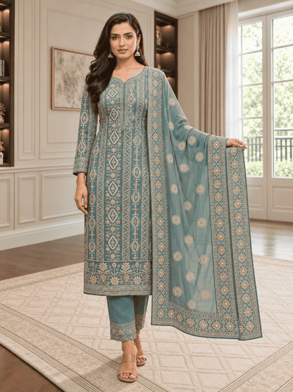 Unstitched Dusty Mustard Olive Green Viscose-Georgette Fabric Adorned With Delicate Ivory Thread Embroidered Suit Material