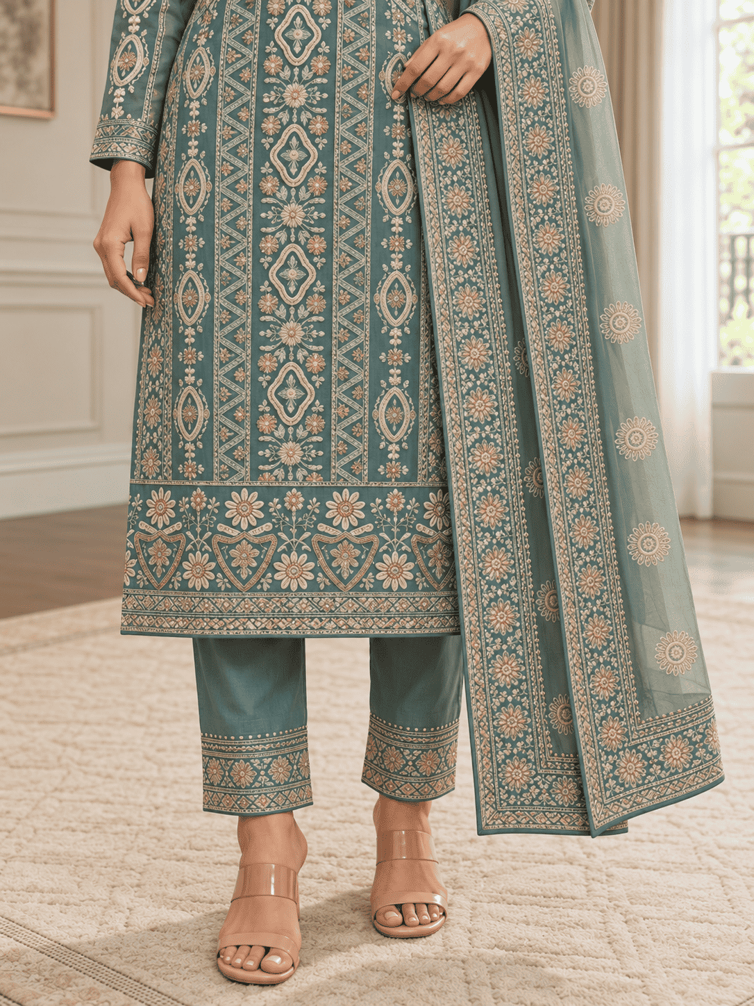 Unstitched Dusty Mustard Olive Green Viscose-Georgette Fabric Adorned With Delicate Ivory Thread Embroidered Suit Material
