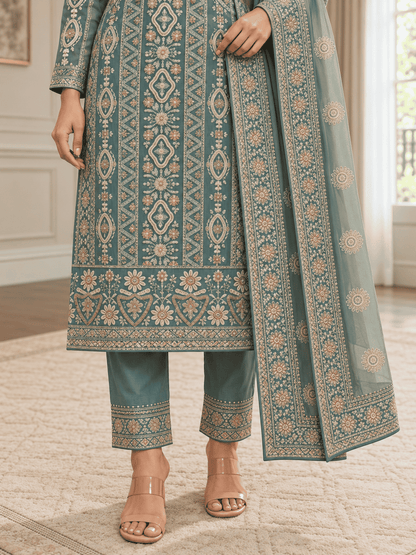 Unstitched Dusty Mustard Olive Green Viscose-Georgette Fabric Adorned With Delicate Ivory Thread Embroidered Suit Material