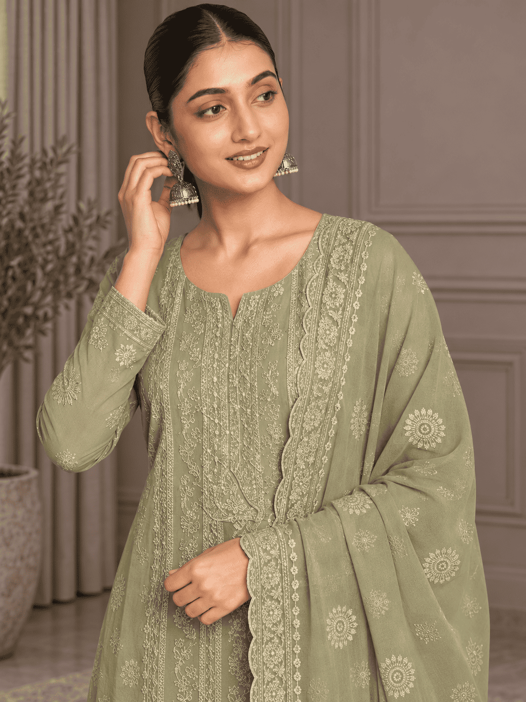 Unstitched Pastel Pistachio Green Chiffon Suit With Intricate Ivory Threadwork And Subtle Sequin Sparkle