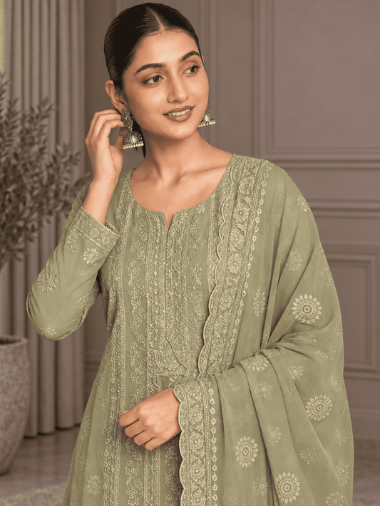 Unstitched Pastel Pistachio Green Chiffon Suit With Intricate Ivory Threadwork And Subtle Sequin Sparkle