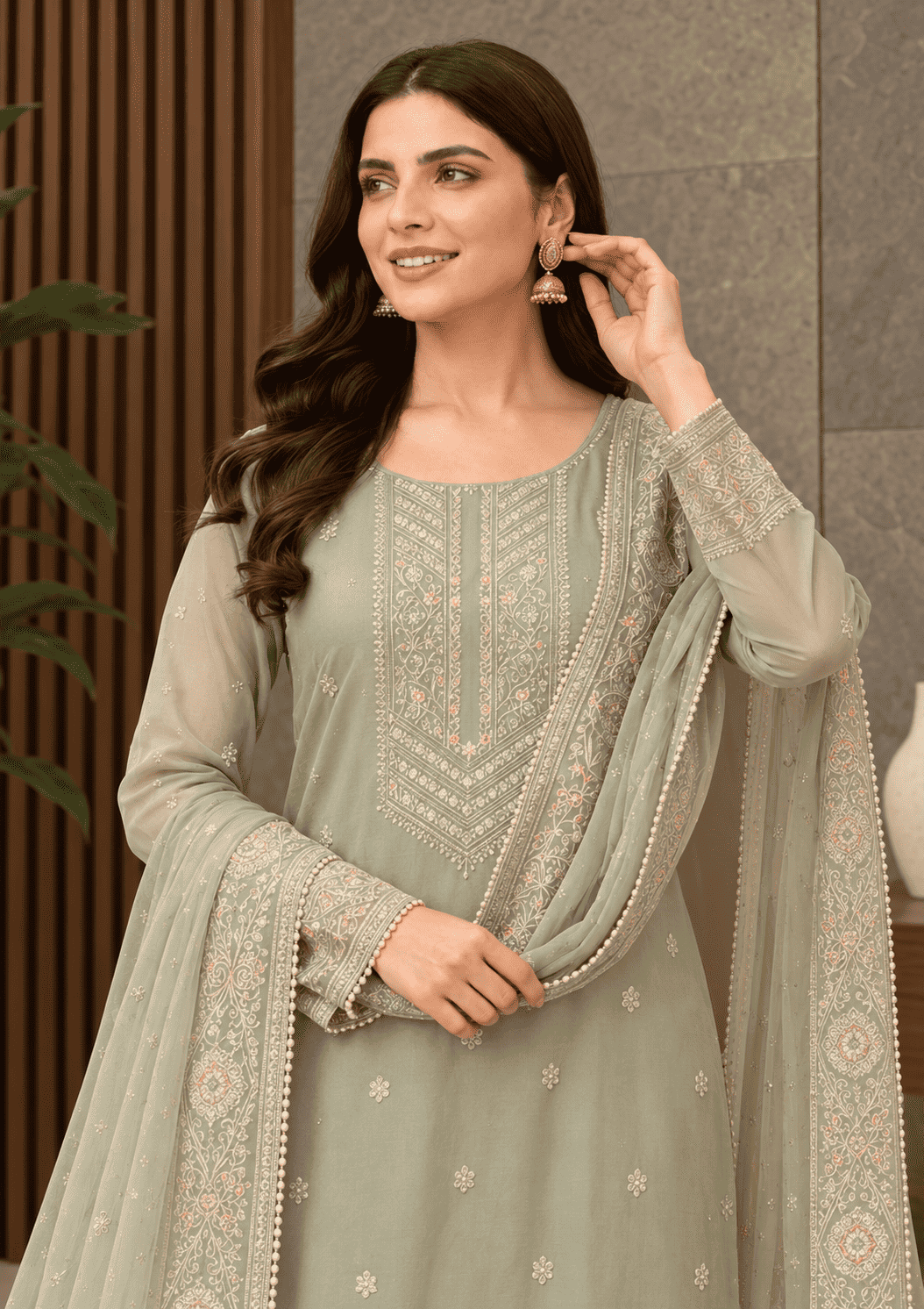Muted Grey Semi-Stitched Organza With Floral Embroidery Suit Set With Dupatta