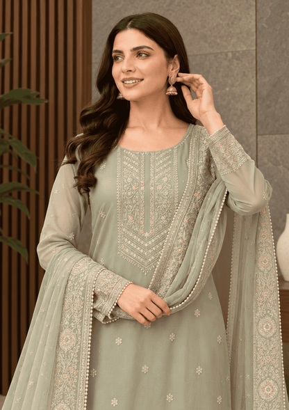 Muted Grey Semi-Stitched Organza With Floral Embroidery Suit Set With Dupatta