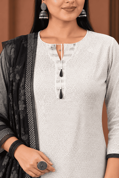 Unstitched sage grey cotton floral printed suit set with charcoal black dupatta