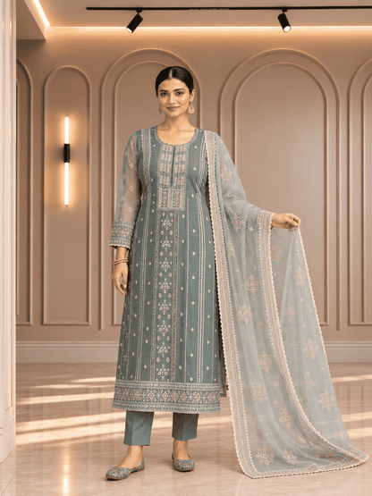 Unstitched Soft Sage-Green Organza With Fine Shimmer And Intricate Ivory Threadwork Suit Material