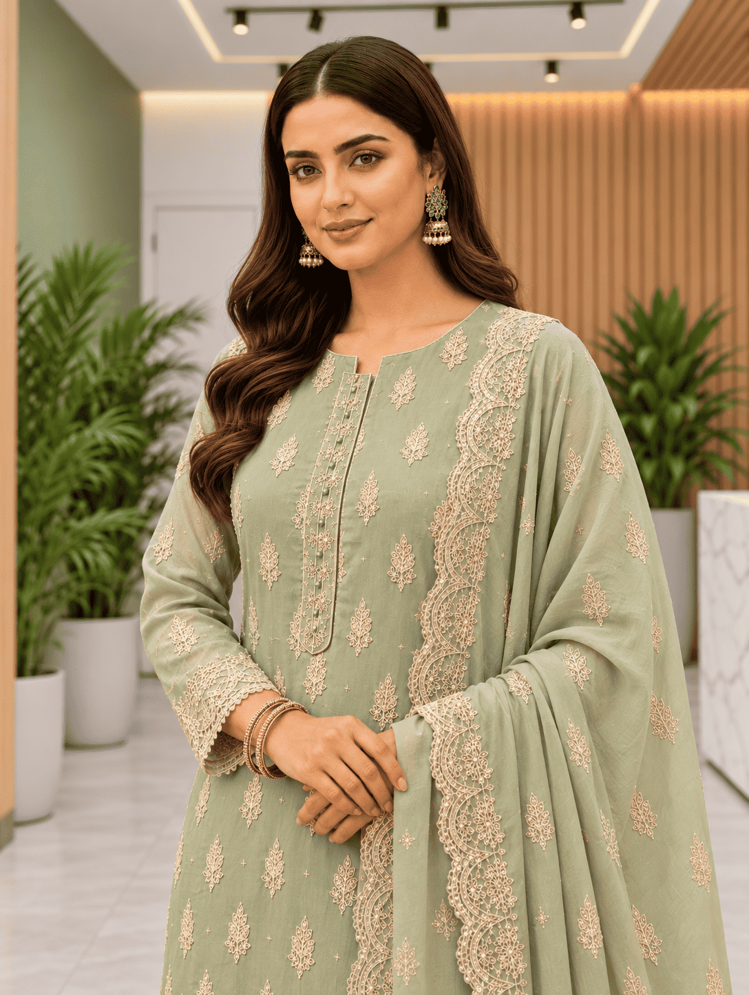 Semi-Stitched Sea-Green Soft Georgette Suit With Ivory Sequin Tree Motifs