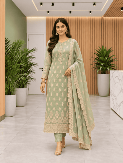 Semi-Stitched Sea-Green Soft Georgette Suit With Ivory Sequin Tree Motifs
