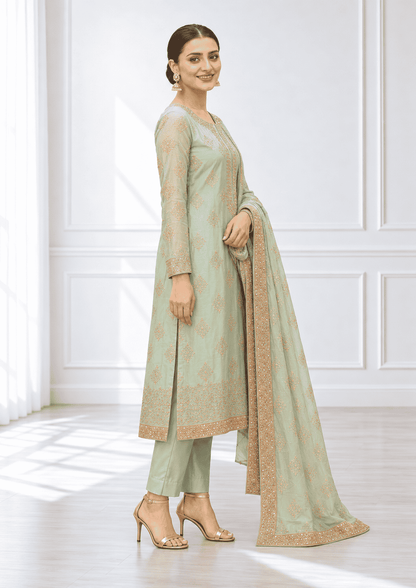 Semi-Stitched Soft Sea-Green Tissue Silk Wth A Glossy, Crinkled Texture Suit Material