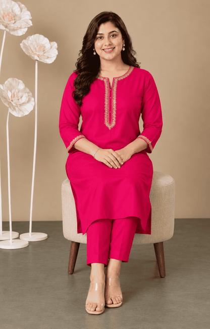 Rani Pink embroidered round neck silk kurta pant set