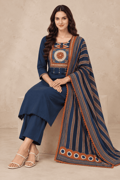 Navy blue cotton kurta pant set with rust printed dupatta