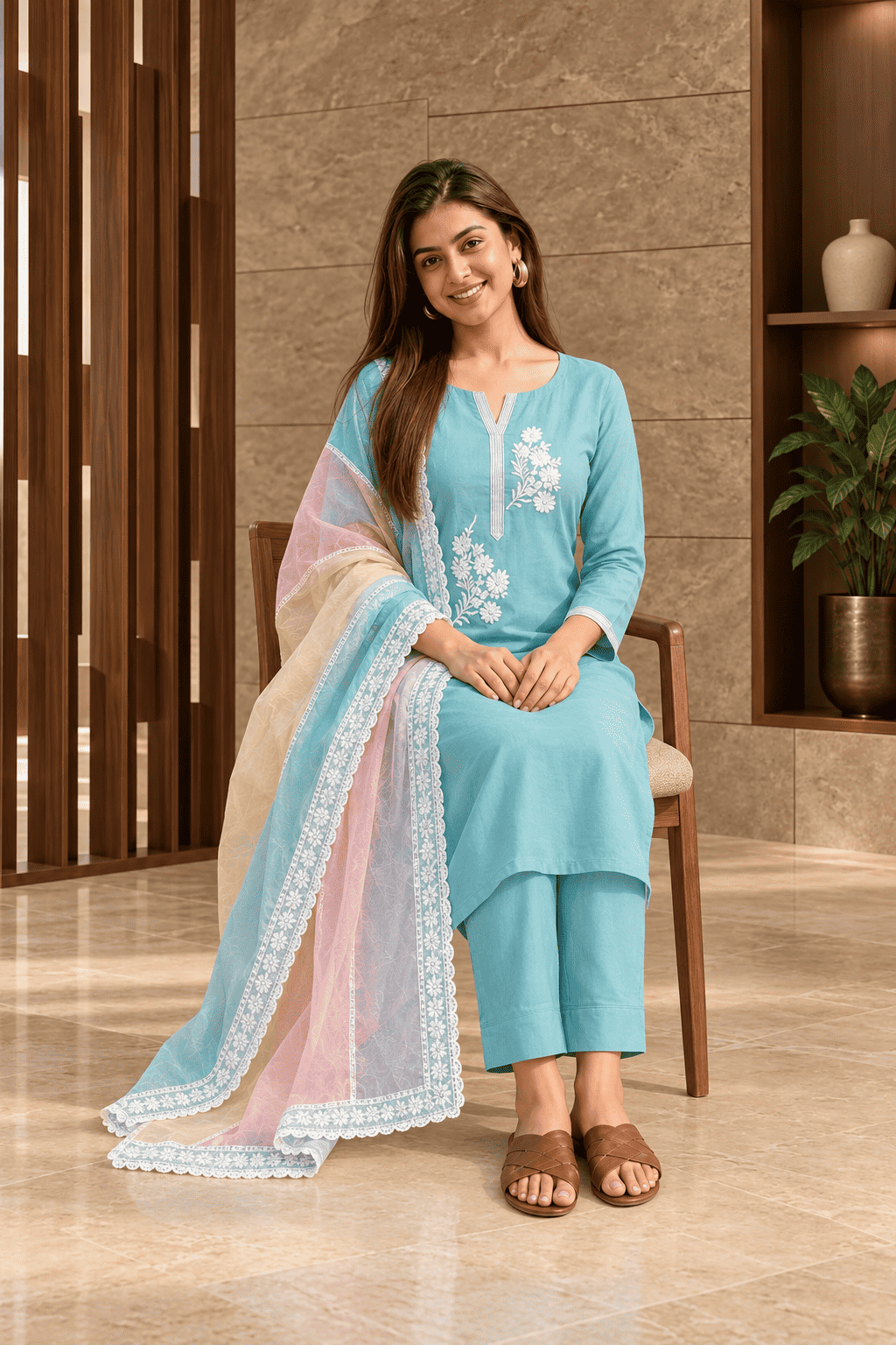 Unstitched sea green embroidered cotton suit set with a contrasting dupatta