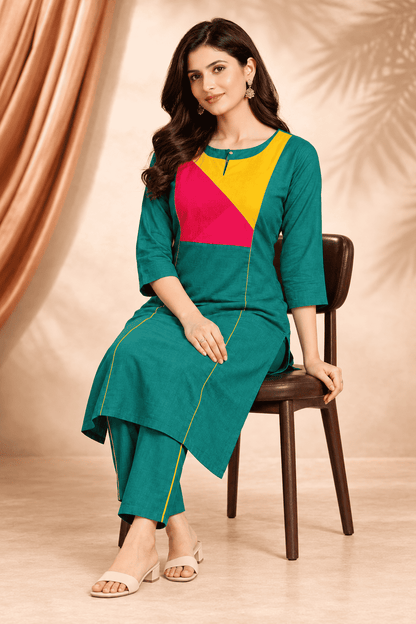 Emerald green vibrant multicolour panel design linen kurta pant set