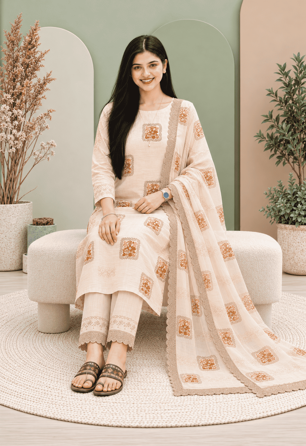 Unstitched Soft Beige Linen-Rayon Suit With Subtle Faded Floral Prints For An Understated, Elegant Look