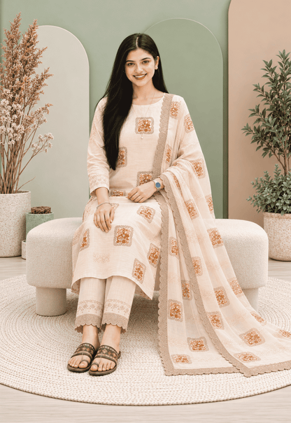 Unstitched Soft Beige Linen-Rayon Suit With Subtle Faded Floral Prints For An Understated, Elegant Look