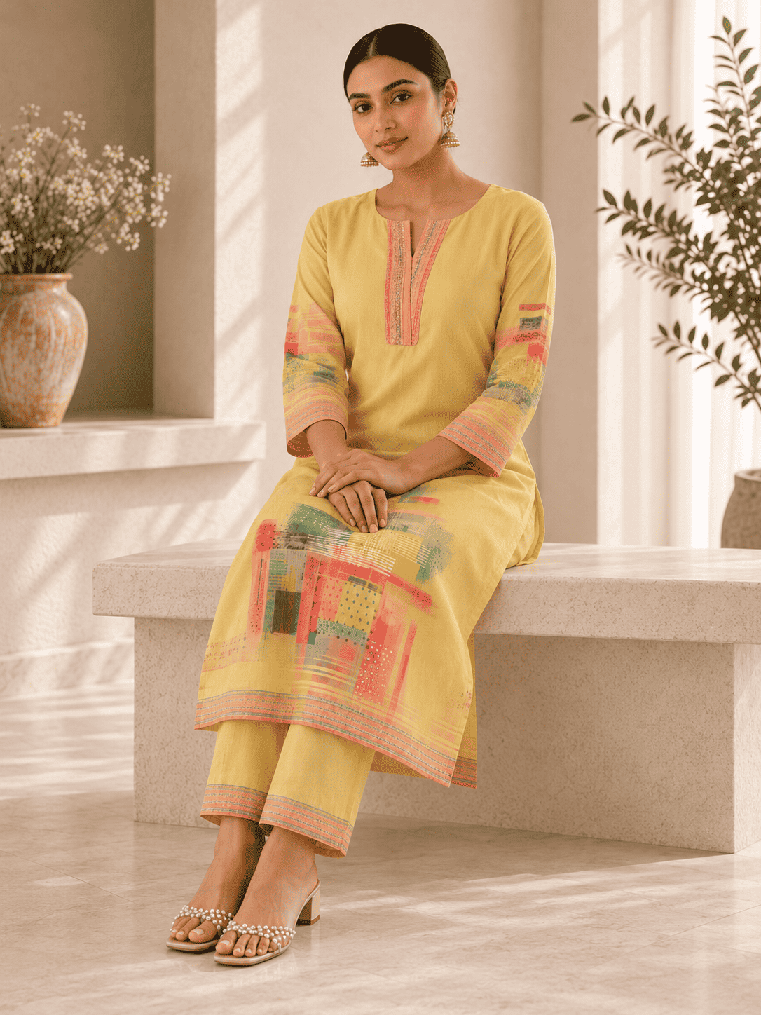 Yellow Digital Printed Cotton Kurta Pant Set