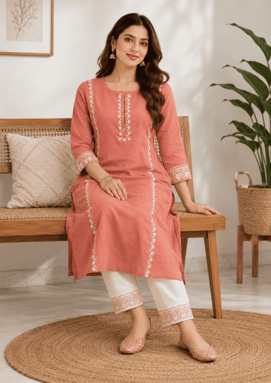 Peach cotton aari embroidered kurta with white cotton pant set