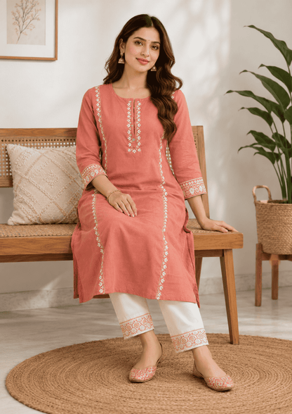 Peach cotton aari embroidered kurta with white cotton pant set