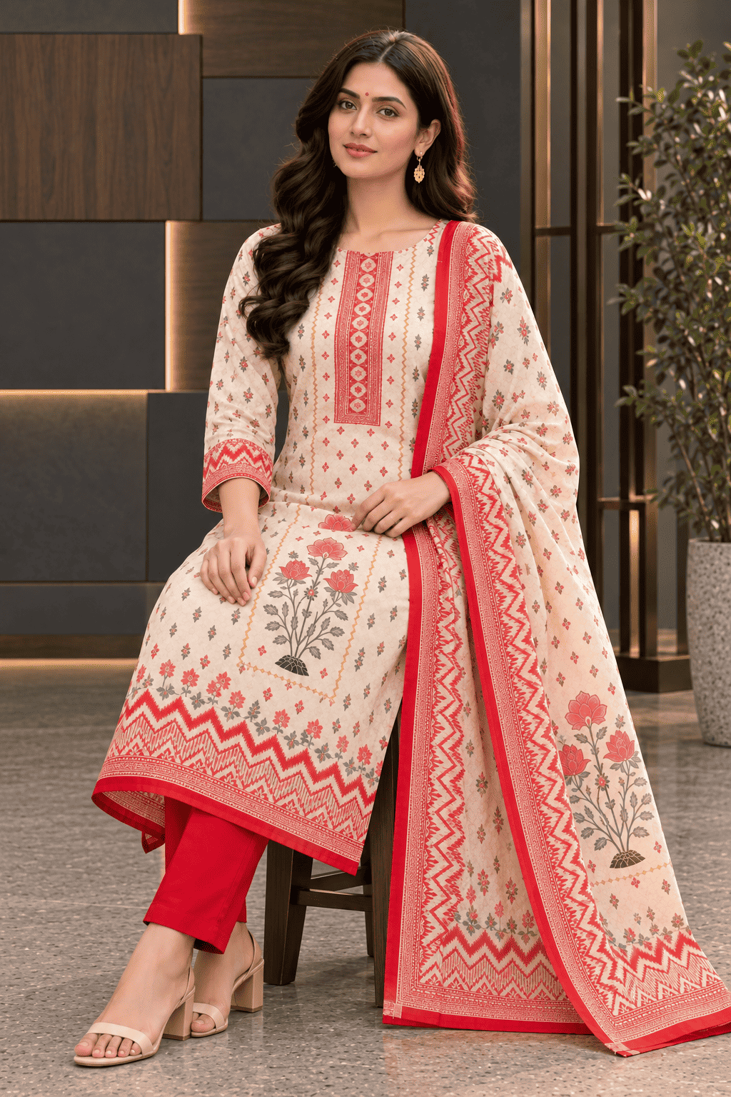 Unstitched pink printed cotton suit set with dupatta