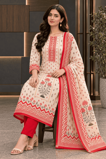 Unstitched pink printed cotton suit set with dupatta