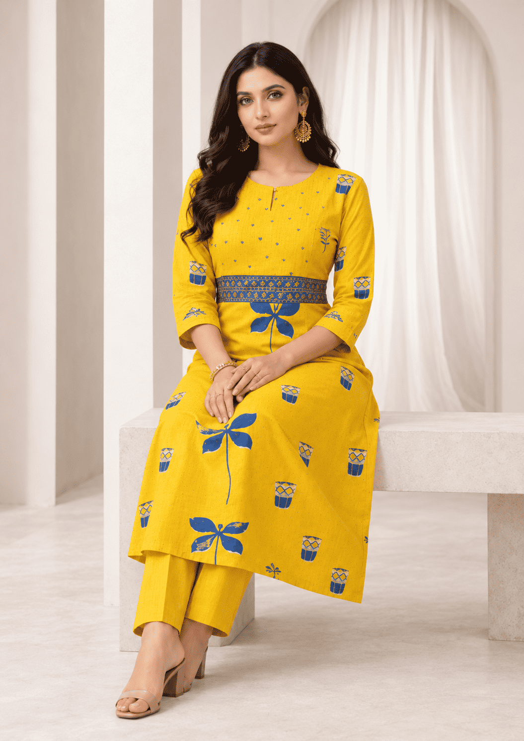 Mustard Yellow with Blue Print Cotton Kurta Pant Set