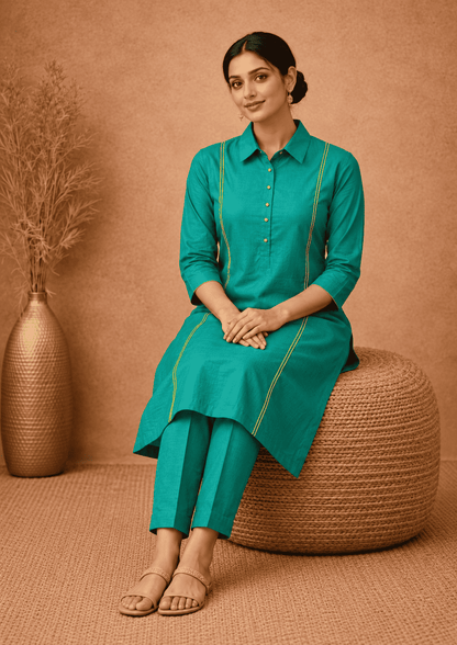 Teal linen with lime piping shirt collar kurta pant set