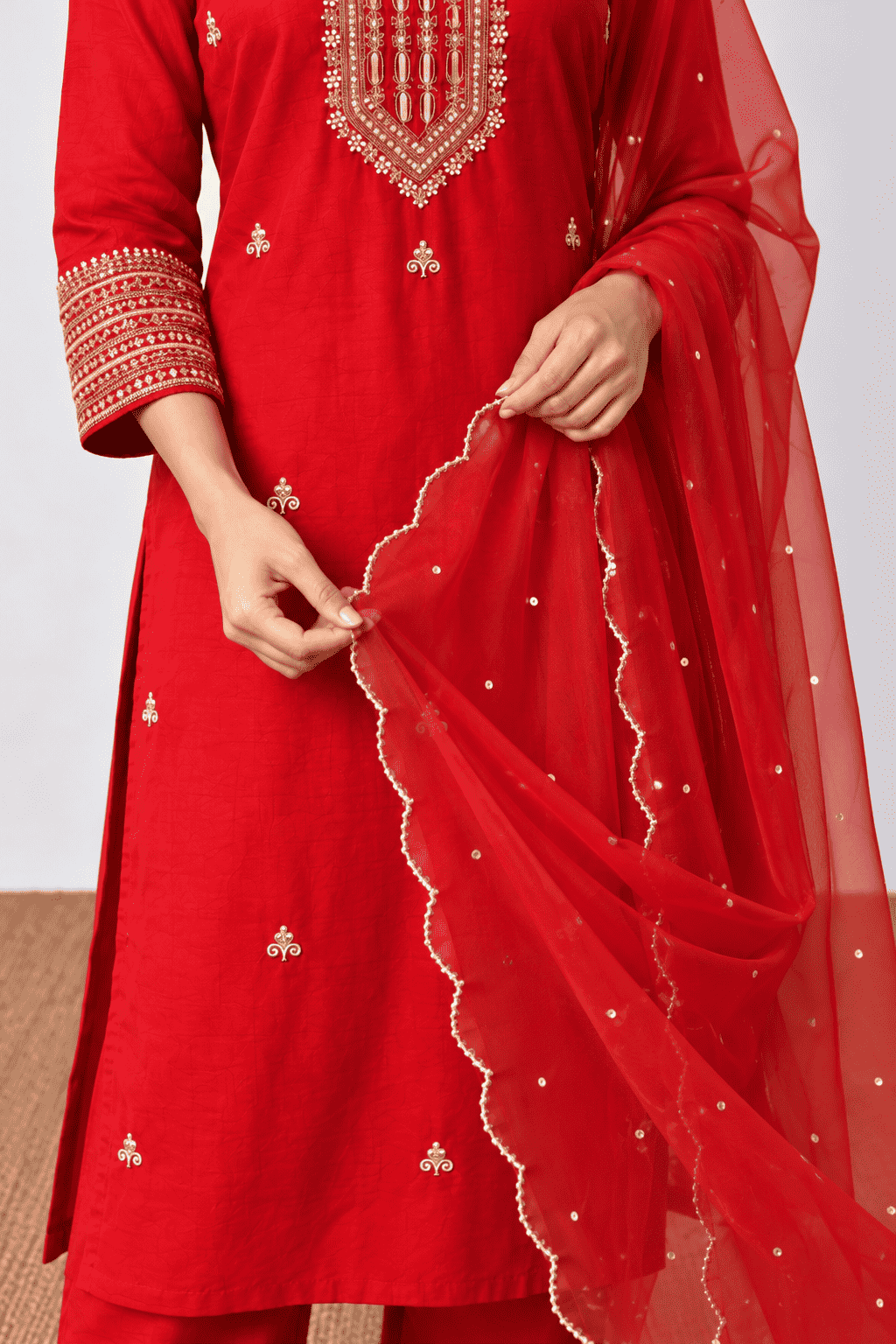 Red embroidered Dola Silk Kurta and Pant with Dupatta