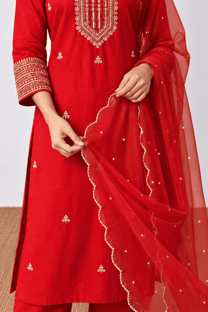 Red embroidered Dola Silk Kurta and Pant with Dupatta