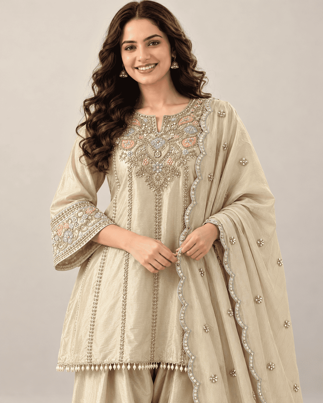 Beige Gold Embroidered Chinon Kurta and Farshi Pant and Dupatta