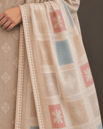 Beige Floral Printed Linen Kurta Pant and Dupatta