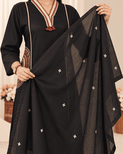 Black Embroidered Cotton Kurta and Pant with Dupatta