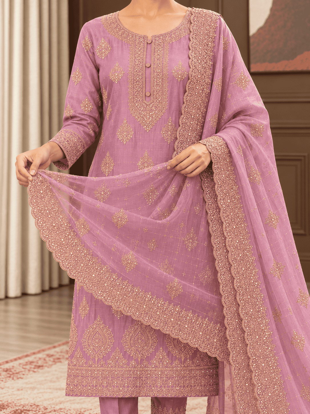 Semi-Stitched Shimmer Organza Silk In Soft Lavender Suit Material