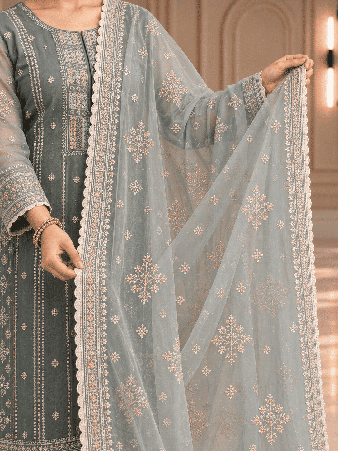 Unstitched Soft Sage-Green Organza With Fine Shimmer And Intricate Ivory Threadwork Suit Material