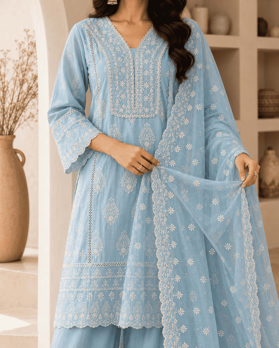 Sky Blue Chikankari Embroidered Mul Cotton Kurta Pant With Dupatta