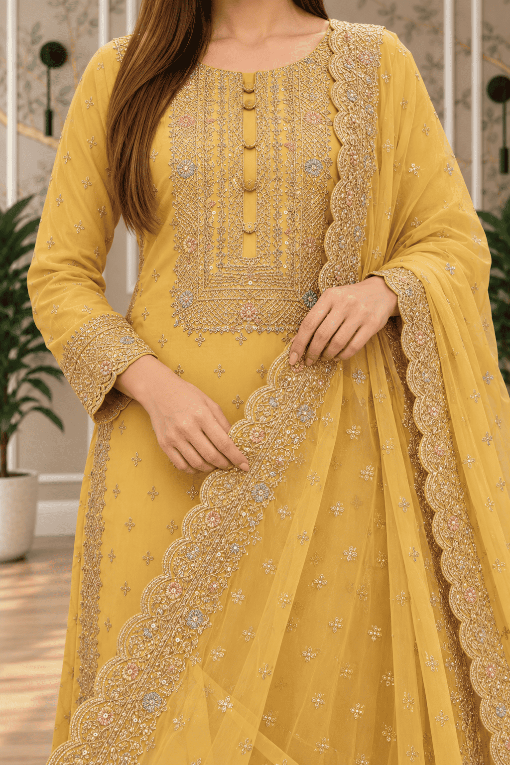 Semi-Stitched Pastel Yellow Organza With Embroidery Suit Material