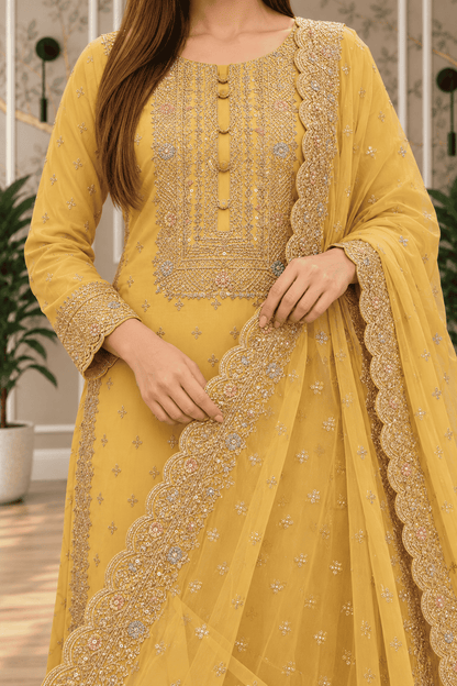 Semi-Stitched Pastel Yellow Organza With Embroidery Suit Material