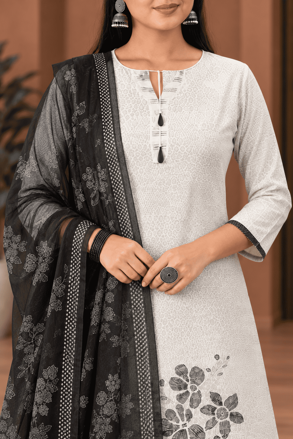 Unstitched sage grey cotton floral printed suit set with charcoal black dupatta