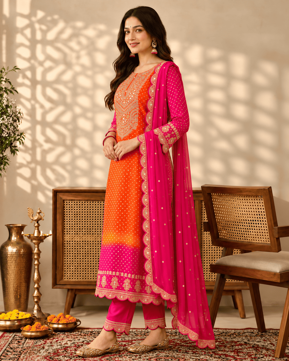 Orange Chinon Bandhani Kurta Set With Intricate Embroidery Paired With Fuchsia Pink Dupatta