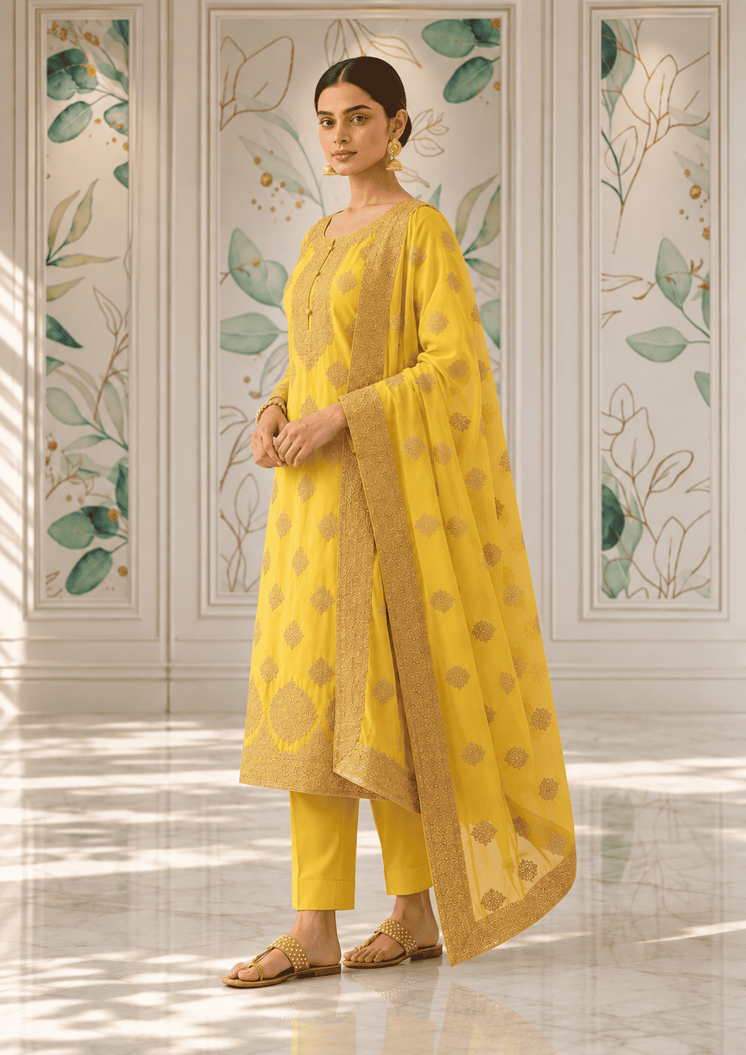 Semi-Stitched Fresh Lime-Yellow Ornate Golden Zari And Sequin Work Tissue Silk Suit With Dupatta