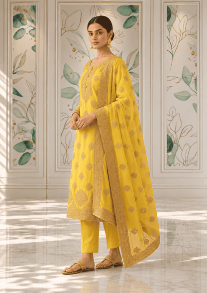 Semi-Stitched Fresh Lime-Yellow Ornate Golden Zari And Sequin Work Tissue Silk Suit With Dupatta