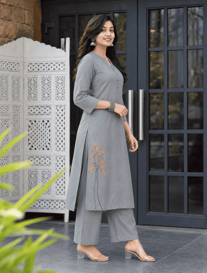 Grey Embroidered Modal Cotton Kurta Pant Set