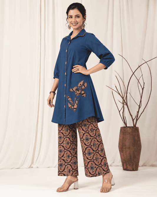 Blue Cotton Kurta With Patchwork and Printed Pant Set